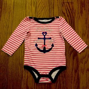 Pink striped long sleeve onesie “Daddy’s Little Sailor” with blue anchor